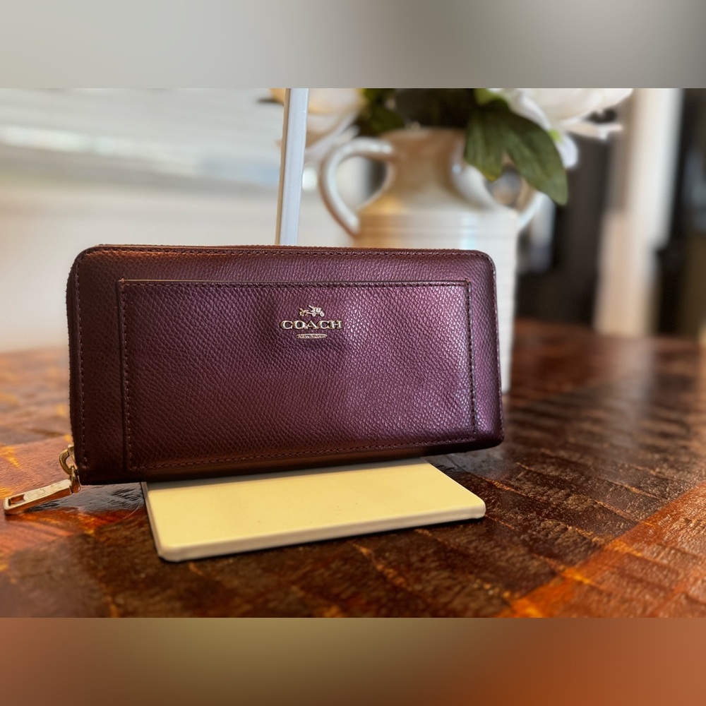 Coach Metallic Cherry Bramble Rose Leather Zip Accordion Wallet